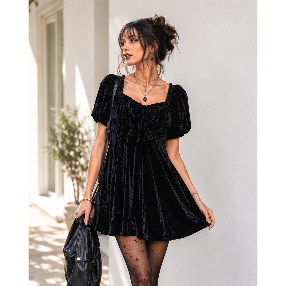Beyond the Radar XL Black Velvet Babydoll Dress Puff Sleeve Romantic Goth
